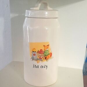 RAE Dunn Stay Cozy Ceramic Jar with Fox and Bird Design